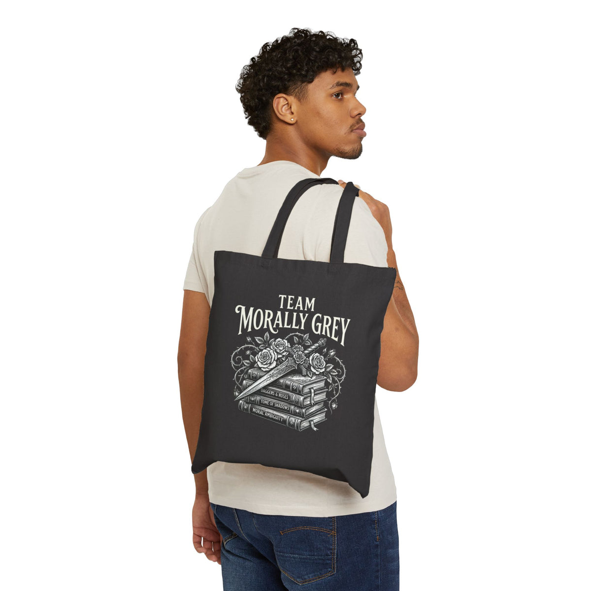 Team Morally Grey Canvas Tote Bag — Vintage Stack of Books Floral Booklover Tote
