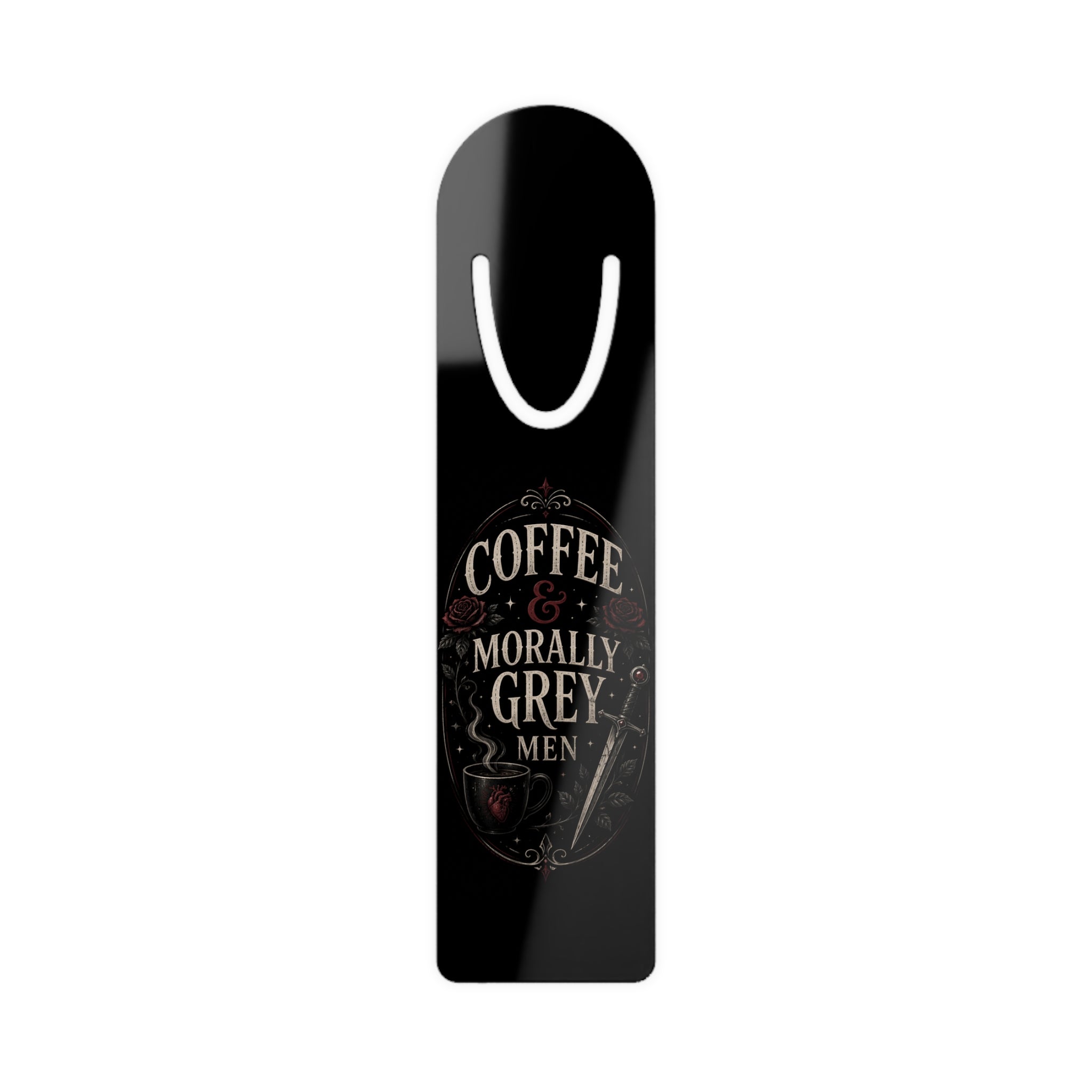 Bookmark — "Coffee & Morally Grey Men" Metal Reading Bookmark, Literary Gift for Book Lovers