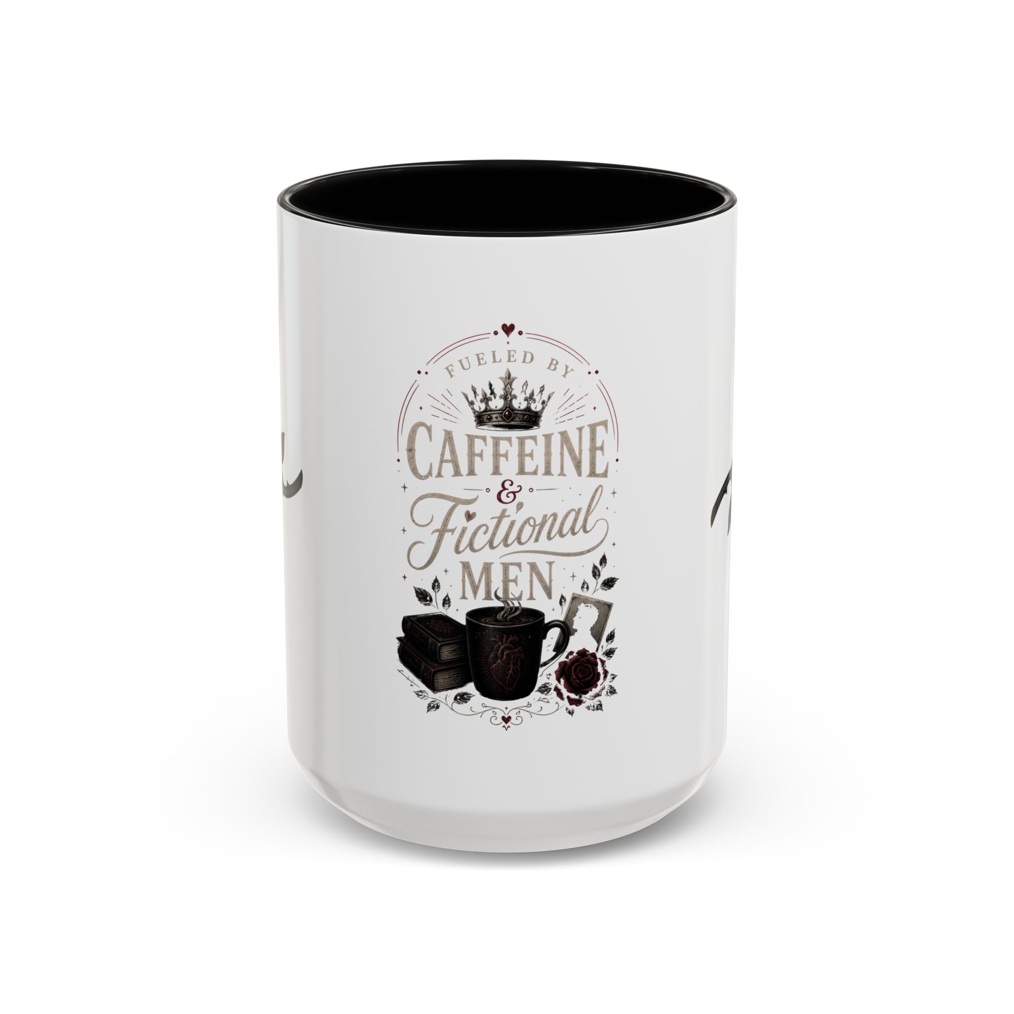 Caffeine & Fictional Men Accent Coffee Mug — 11/15oz Rose & Crown Literary Gift