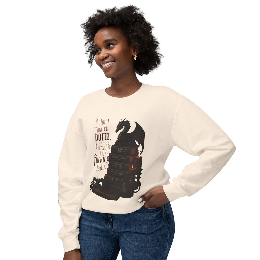 Dragon Bookstack Crewneck Sweatshirt — “I don’t watch porn. I read it, fucking lady.”