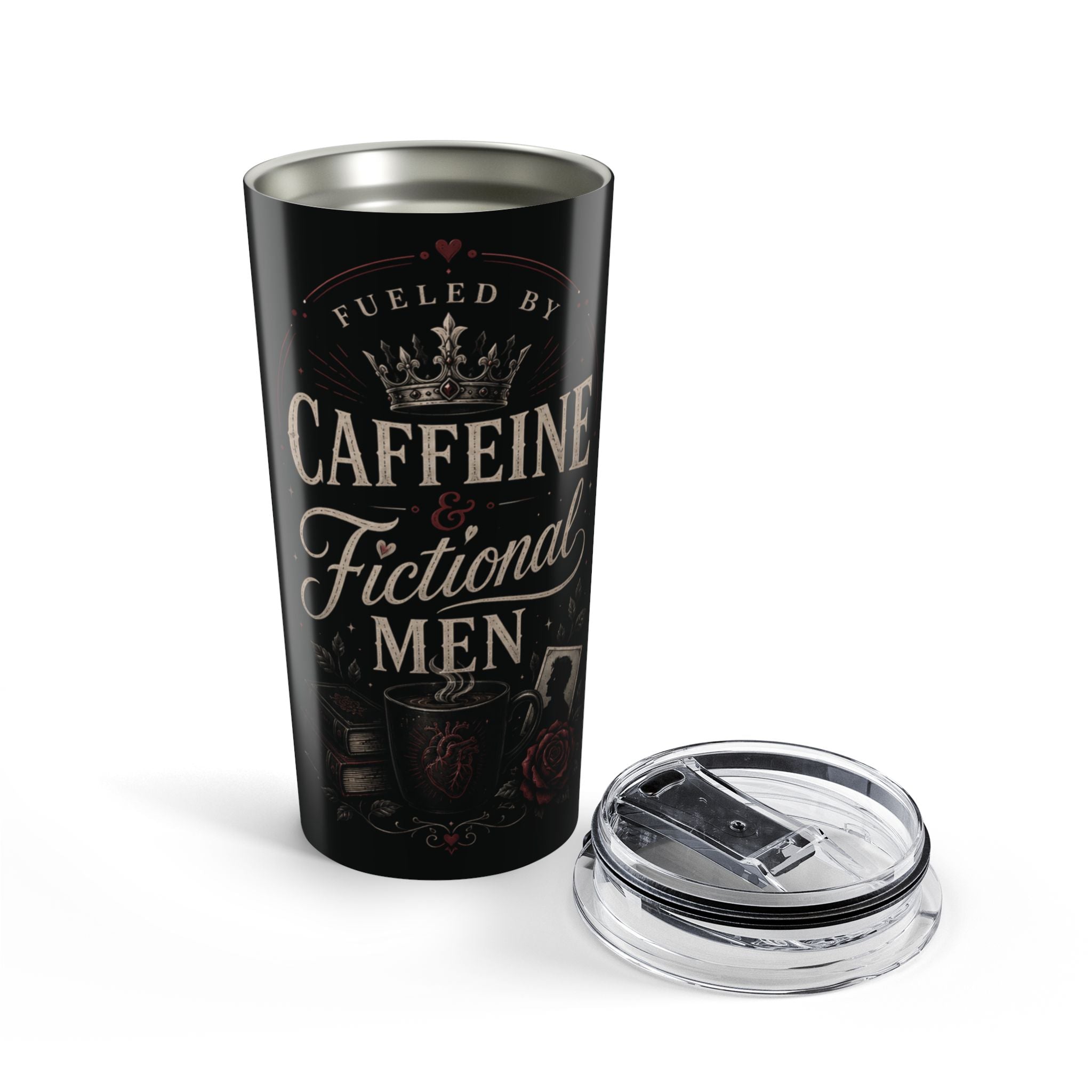20oz Tumbler — "Fueled by Caffeine & Fictional Men" Travel Mug with Gothic Bat Design