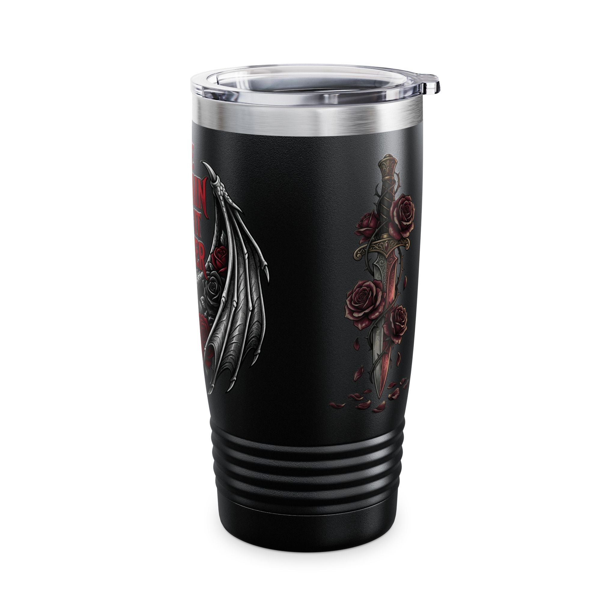 20oz Tumbler — “The Villain Does It Better” Gothic Bat Wings & Roses Travel Mug