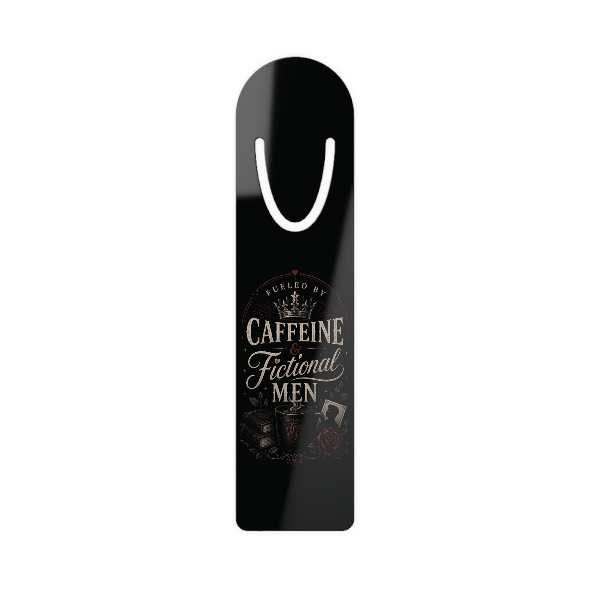 Metal Bookmark — “Fueled by Caffeine & Fictional Men” Literary Gift for Book Lovers
