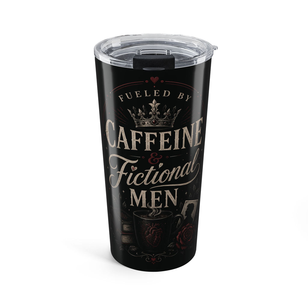 20oz Tumbler — "Fueled by Caffeine & Fictional Men" Travel Mug with Gothic Bat Design