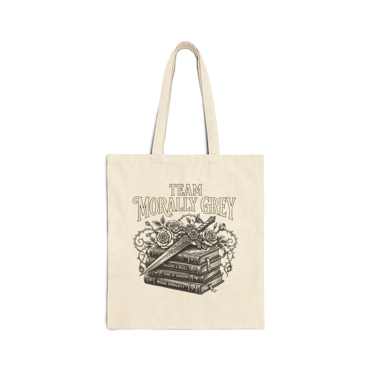 Team Morally Grey Canvas Tote Bag — Vintage Stack of Books Floral Booklover Tote