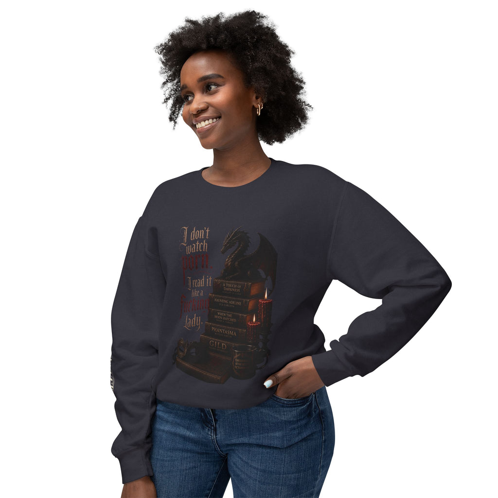 Dragon Bookstack Crewneck Sweatshirt — “I don’t watch porn. I read it, fucking lady.”