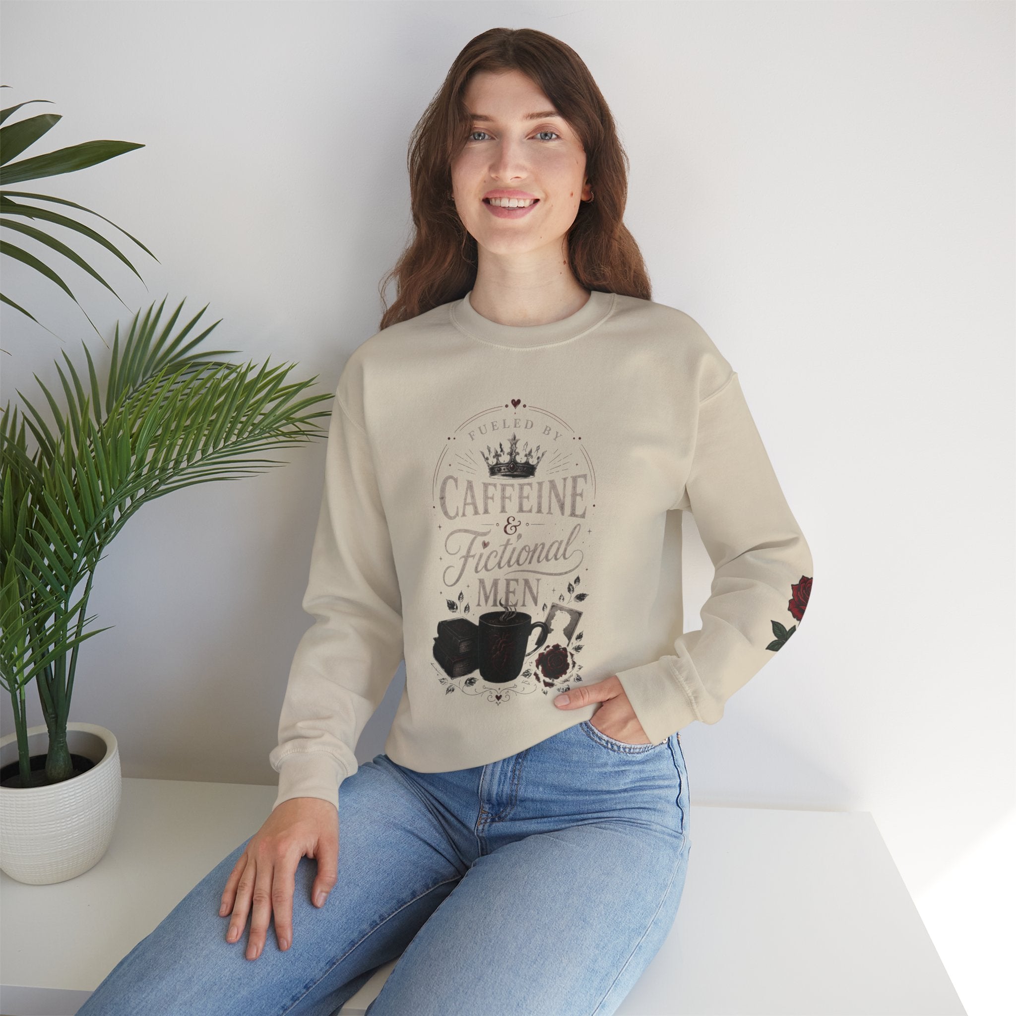 Fueled By Caffeine and Fictional Men Crewneck Sweatshirt
