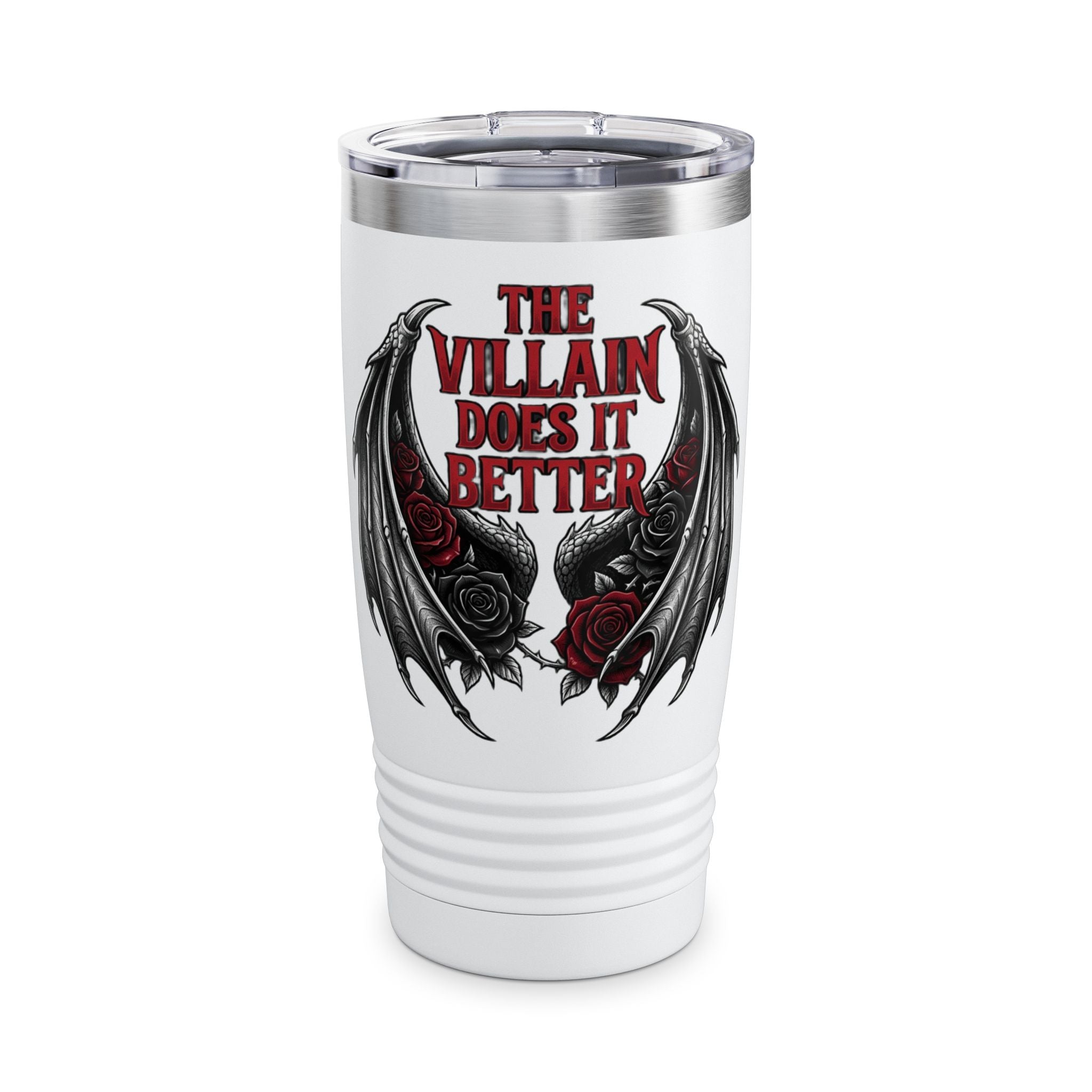 20oz Tumbler — “The Villain Does It Better” Gothic Bat Wings & Roses Travel Mug