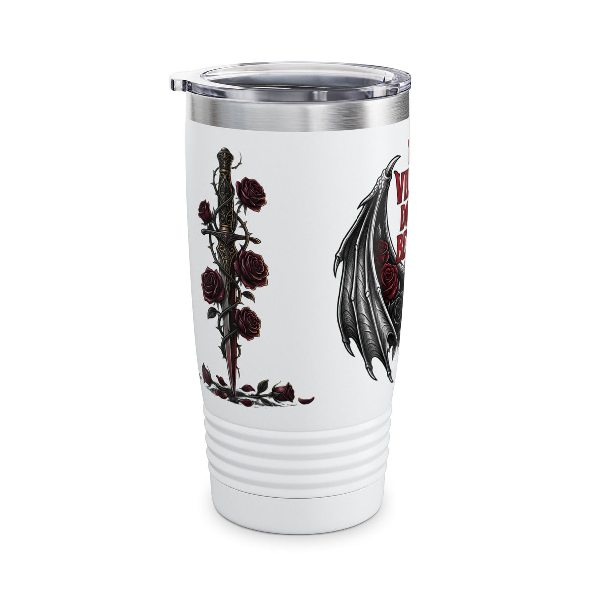 20oz Tumbler — “The Villain Does It Better” Gothic Bat Wings & Roses Travel Mug