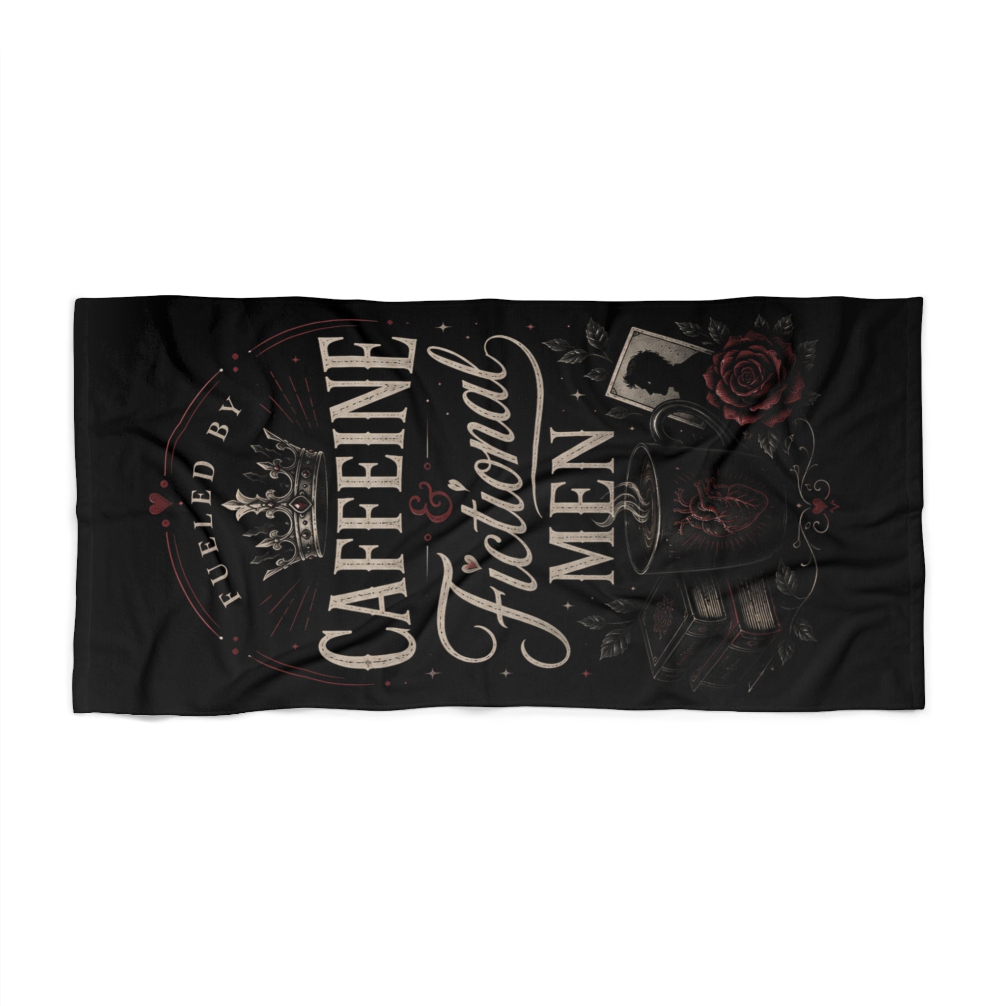Beach Towel - "Fueled by Caffeine & Fictional Men" Vintage Literary Design