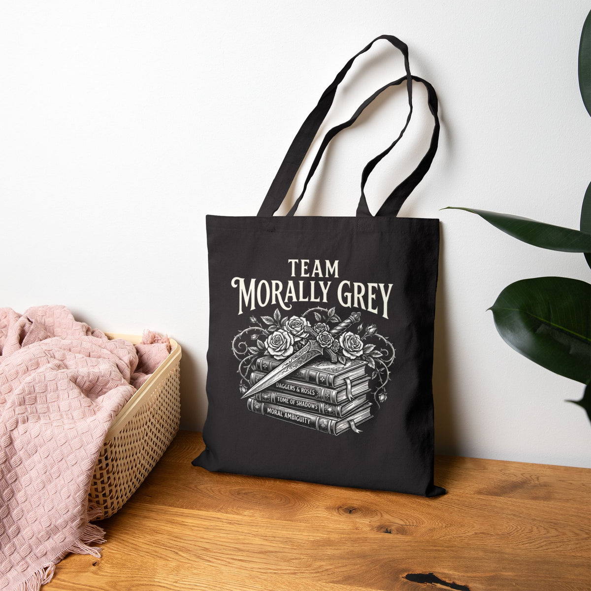 Team Morally Grey Canvas Tote Bag — Vintage Stack of Books Floral Booklover Tote