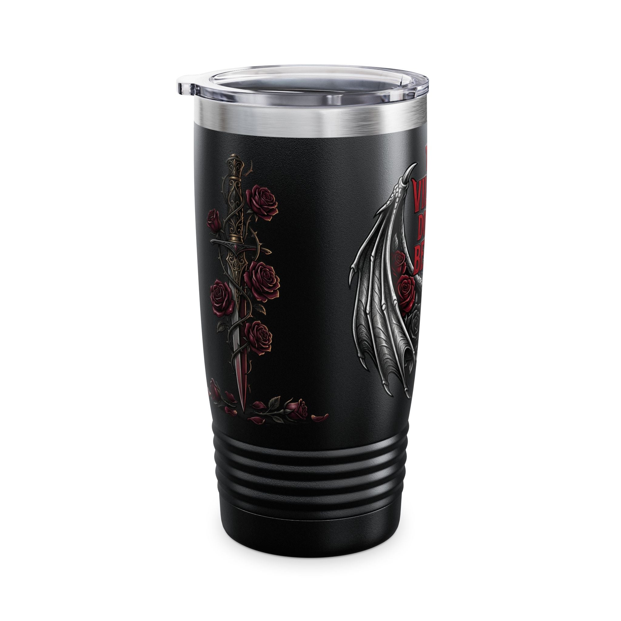 20oz Tumbler — “The Villain Does It Better” Gothic Bat Wings & Roses Travel Mug