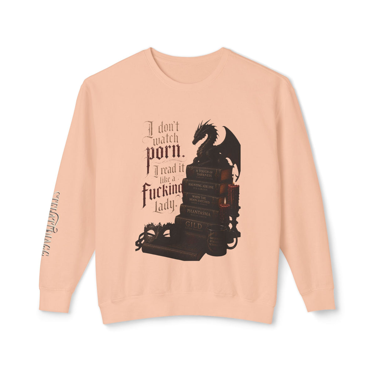Dragon Bookstack Crewneck Sweatshirt — “I don’t watch porn. I read it, fucking lady.”