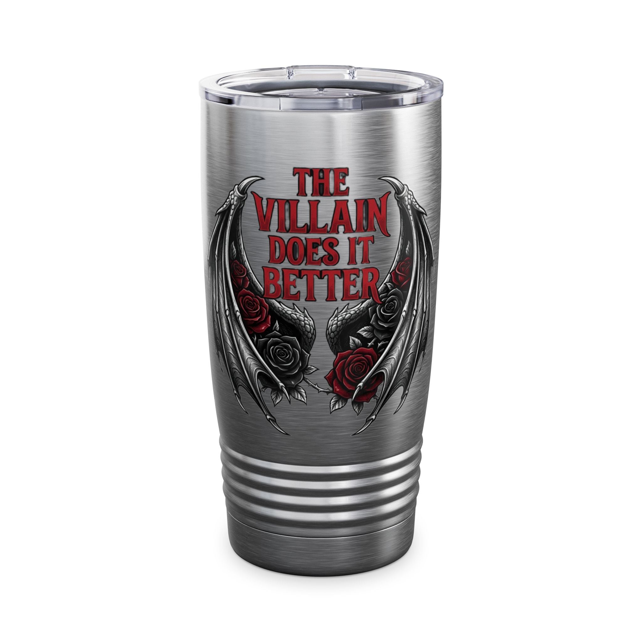 20oz Tumbler — “The Villain Does It Better” Gothic Bat Wings & Roses Travel Mug