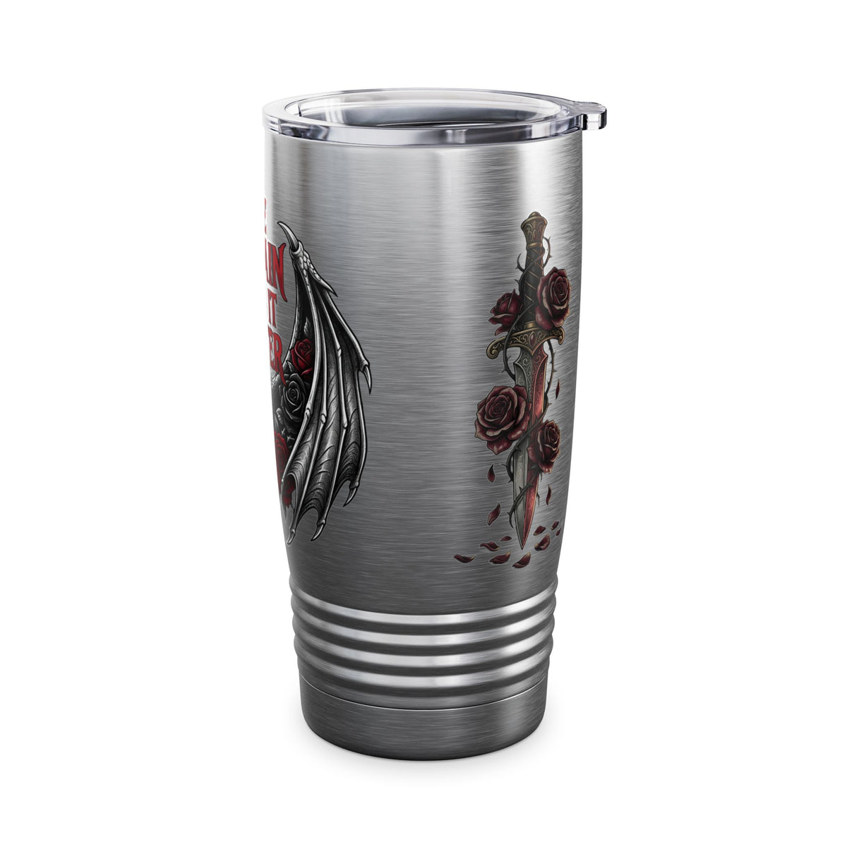 20oz Tumbler — “The Villain Does It Better” Gothic Bat Wings & Roses Travel Mug