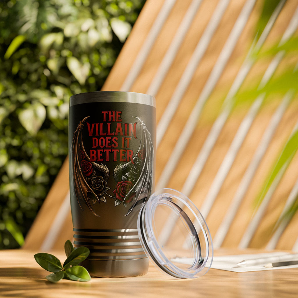20oz Tumbler — “The Villain Does It Better” Gothic Bat Wings & Roses Travel Mug