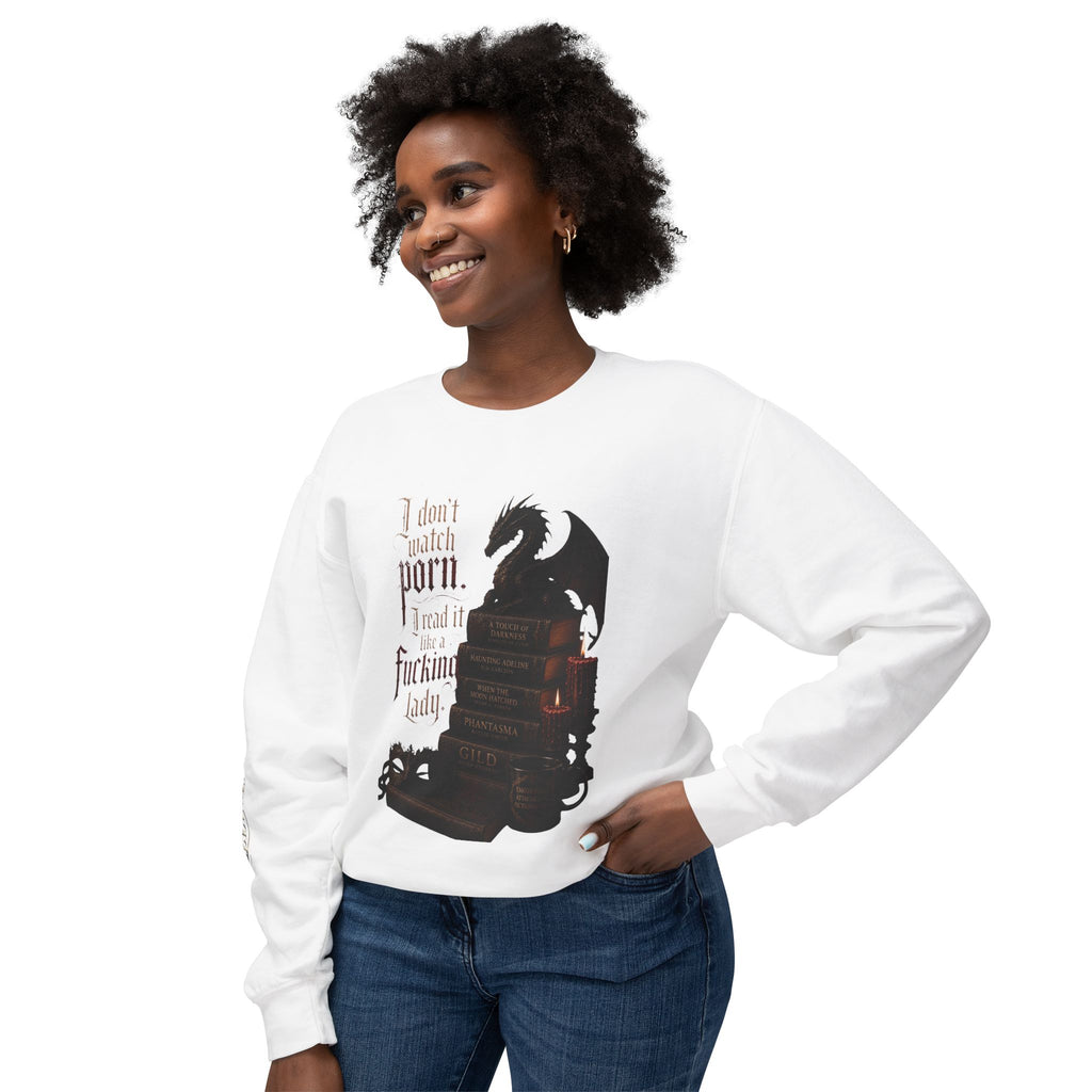 Dragon Bookstack Crewneck Sweatshirt — “I don’t watch porn. I read it, fucking lady.”