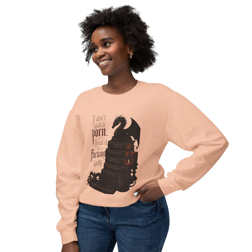 Dragon Bookstack Crewneck Sweatshirt — “I don’t watch porn. I read it, fucking lady.”