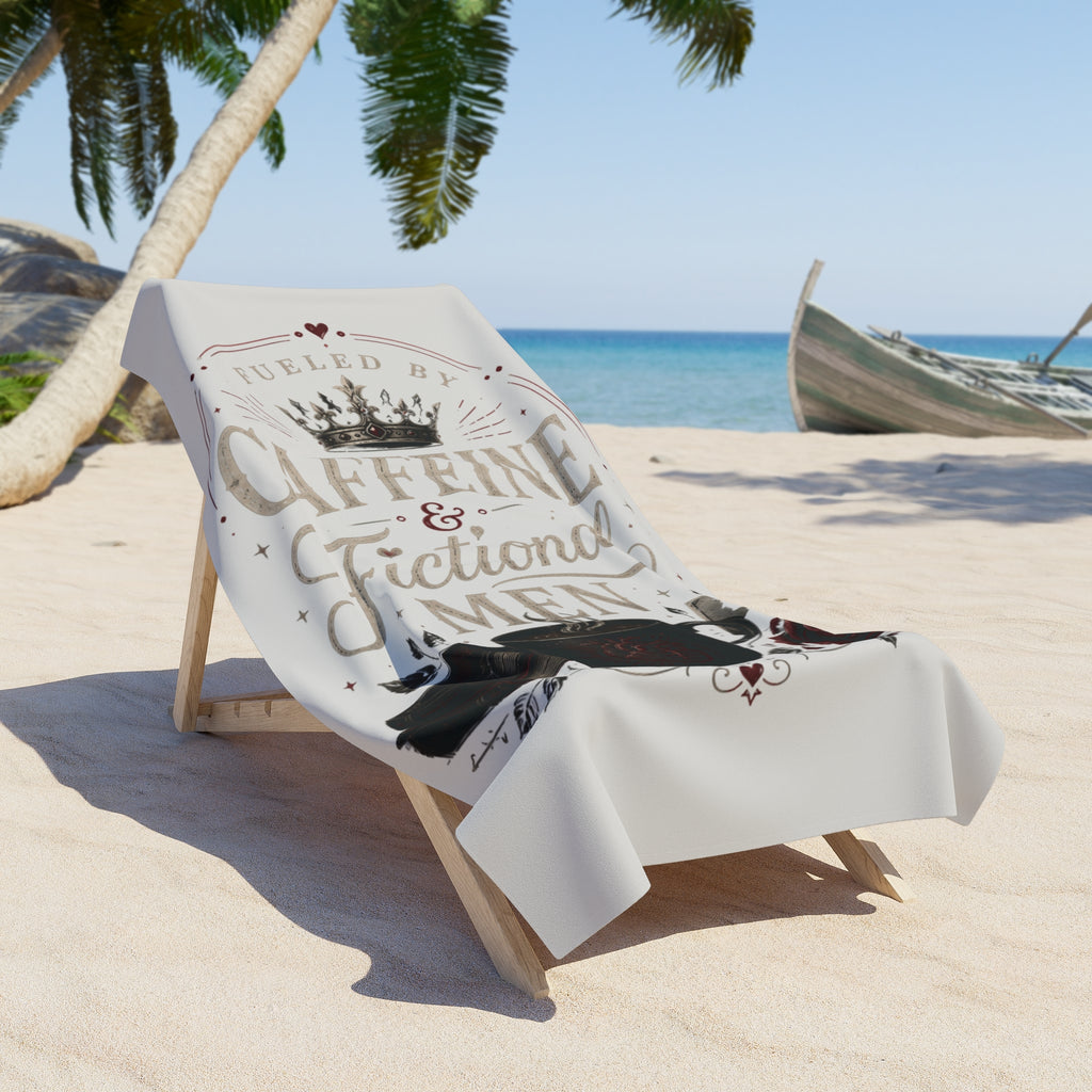 Beach Towel - "Fueled by Caffeine & Fictional Men" Vintage Literary Design