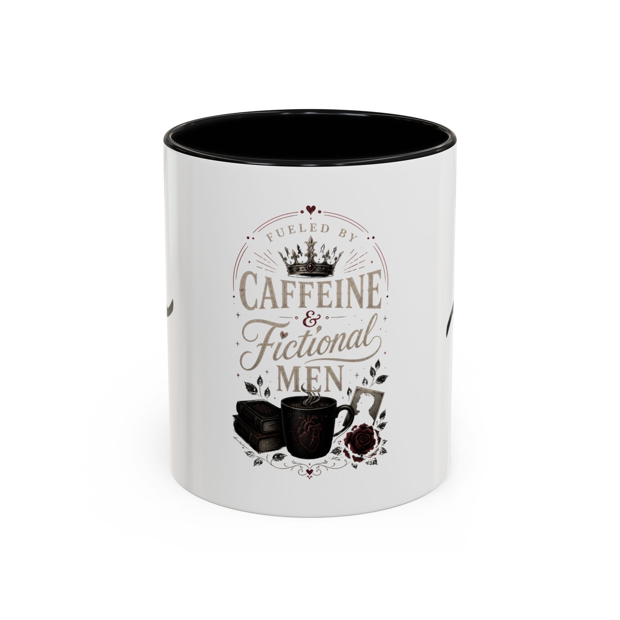Caffeine & Fictional Men Accent Coffee Mug — 11/15oz Rose & Crown Literary Gift
