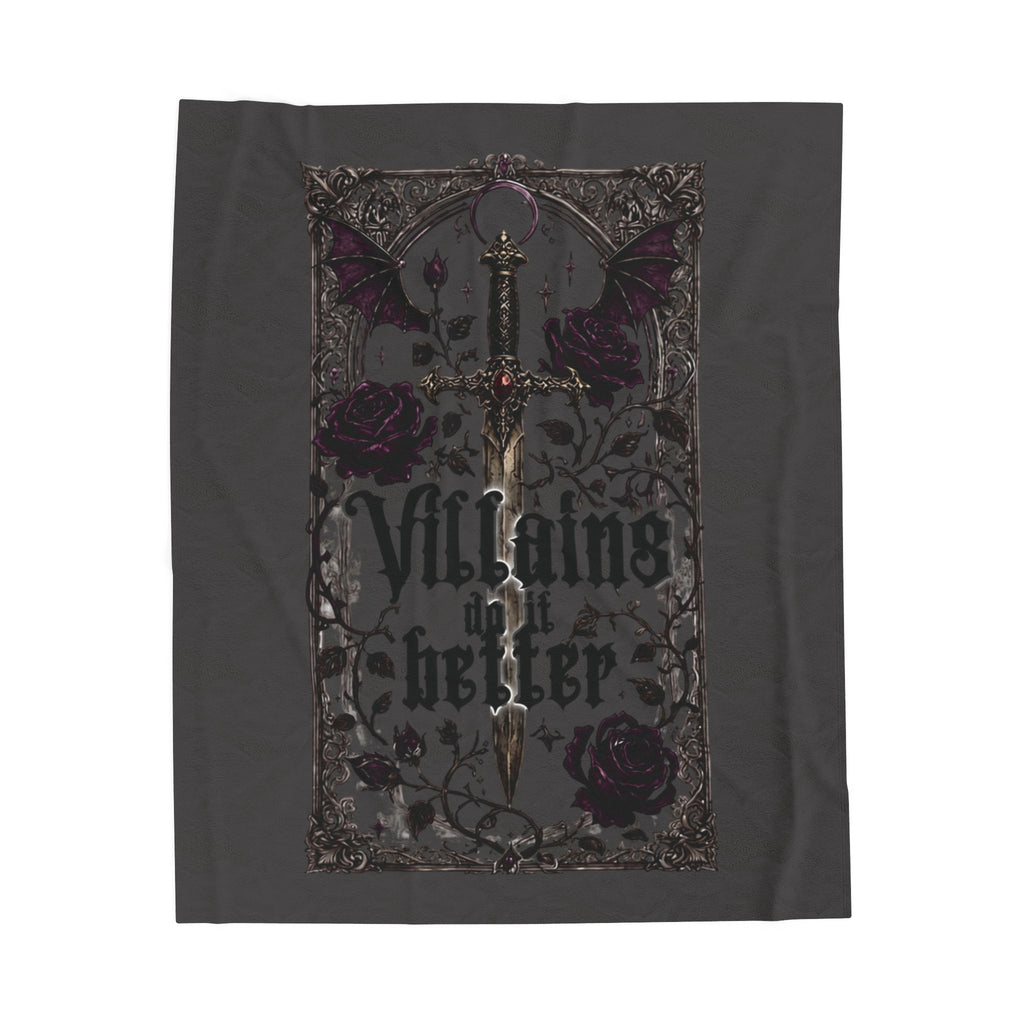 Gothic Velvet Throw Blanket — “Villains Only Shelter” Sword & Rose Design