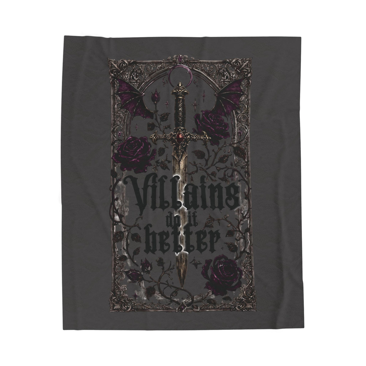 Gothic Velvet Throw Blanket — “Villains Only Shelter” Sword & Rose Design
