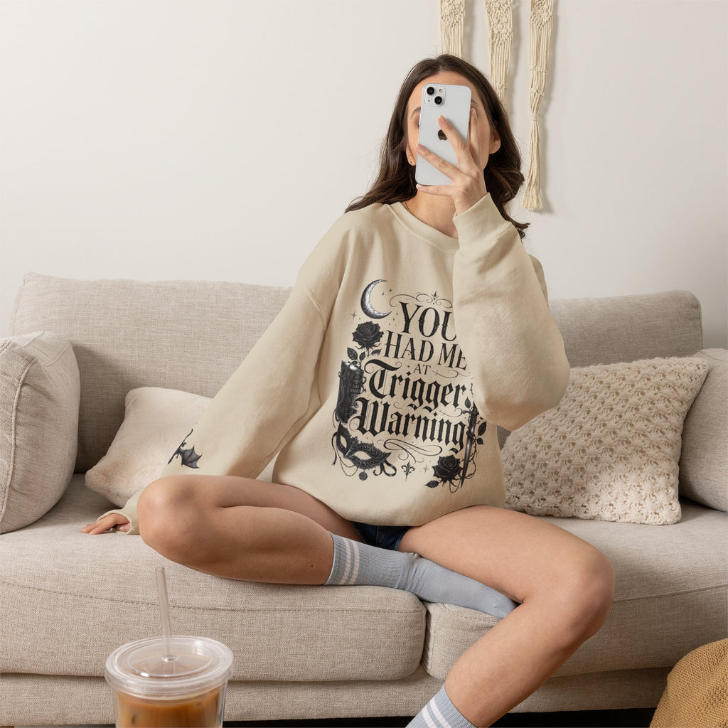 Crewneck Sweatshirt — "You Had Me at Trigger Warning" Gothic Bat Floral Design