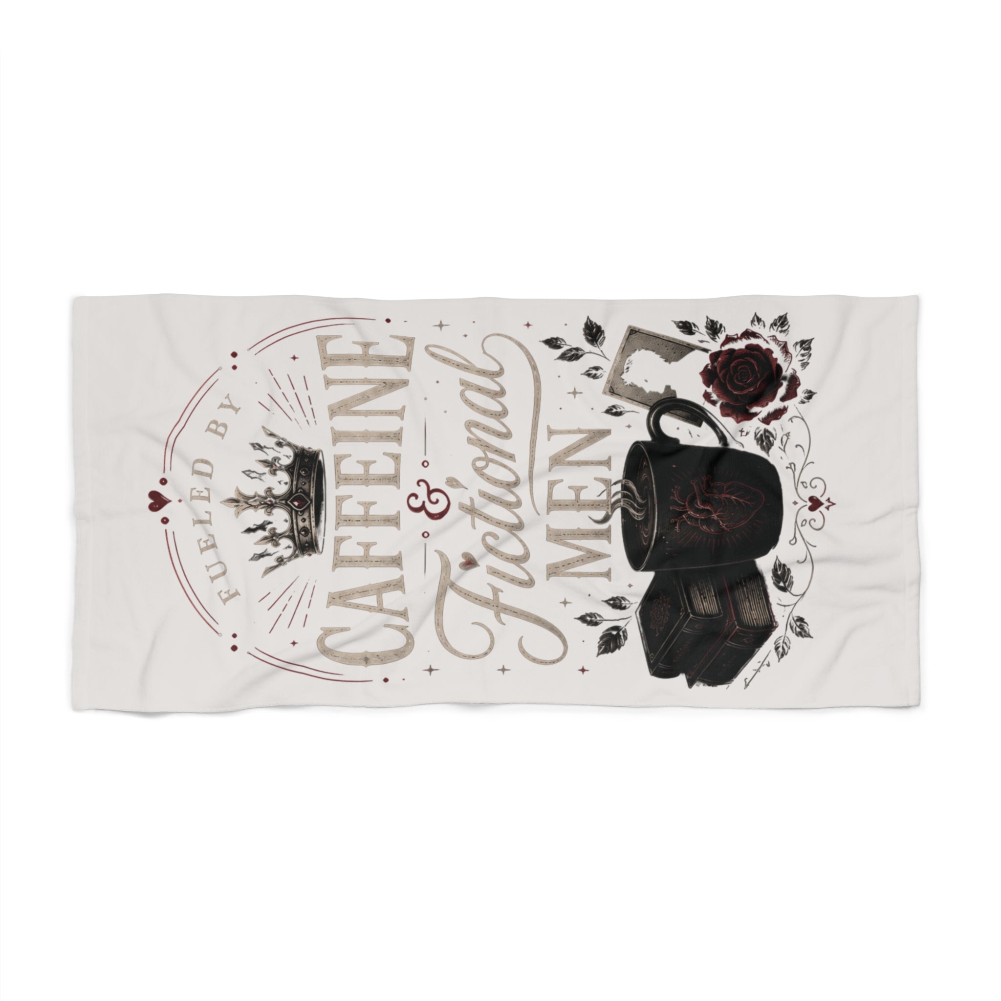 Beach Towel - "Fueled by Caffeine & Fictional Men" Vintage Literary Design