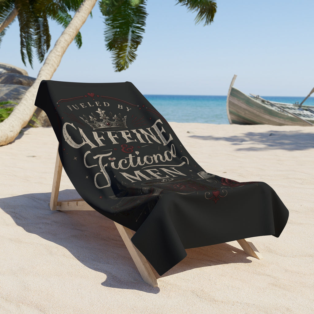 Beach Towel - "Fueled by Caffeine & Fictional Men" Vintage Literary Design