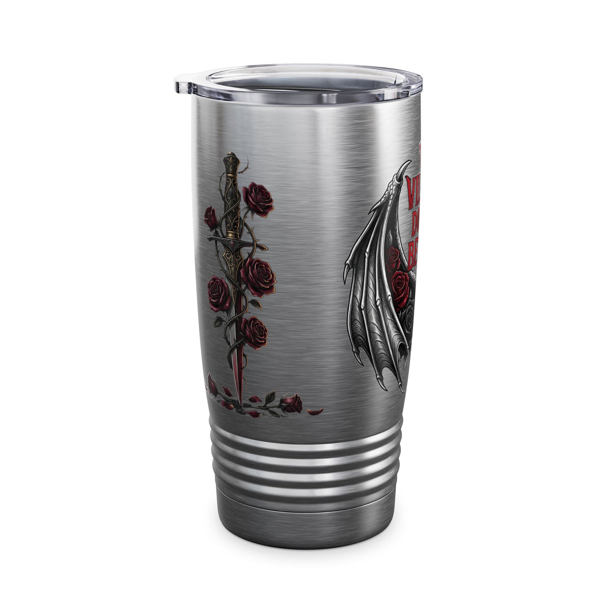 20oz Tumbler — “The Villain Does It Better” Gothic Bat Wings & Roses Travel Mug