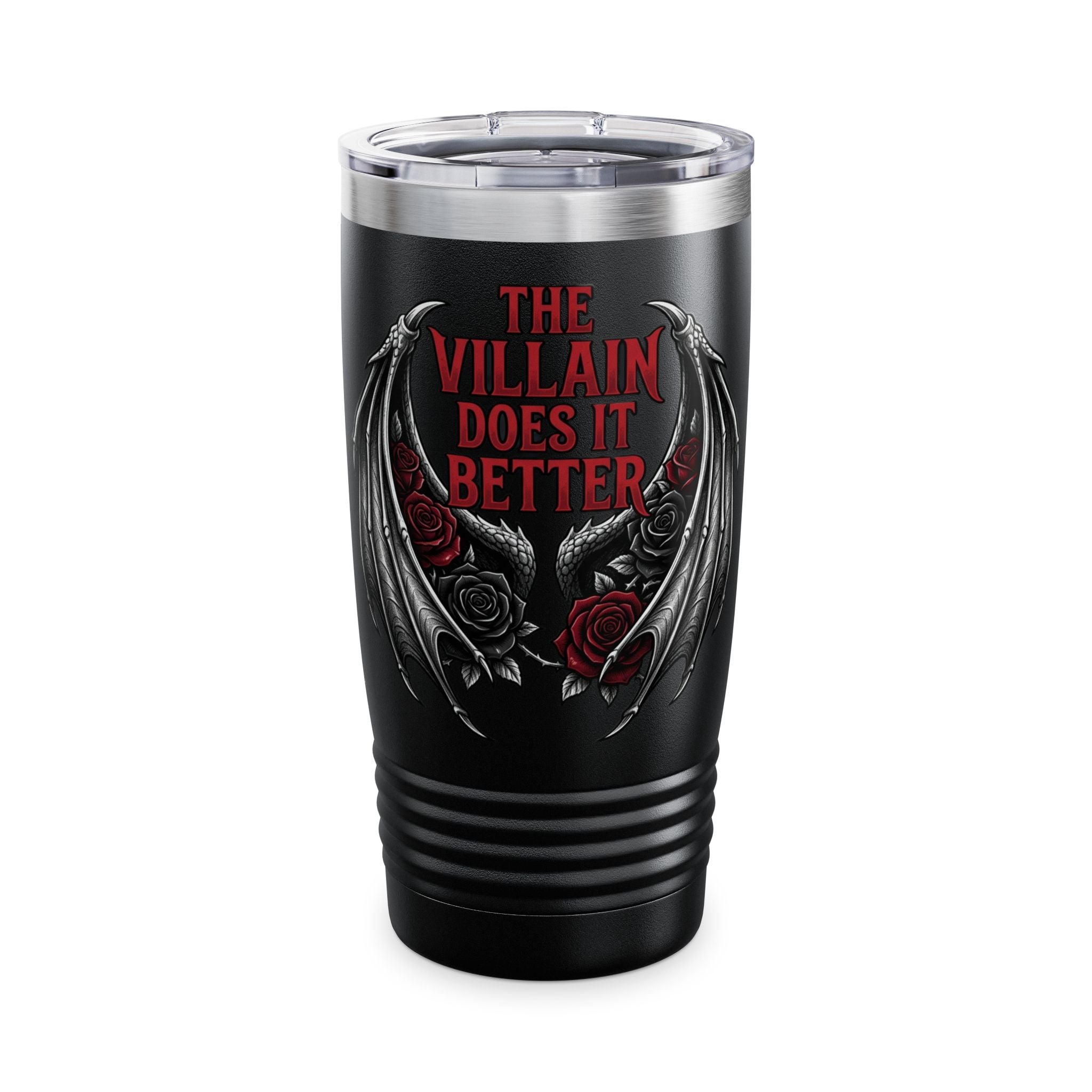 20oz Tumbler — “The Villain Does It Better” Gothic Bat Wings & Roses Travel Mug