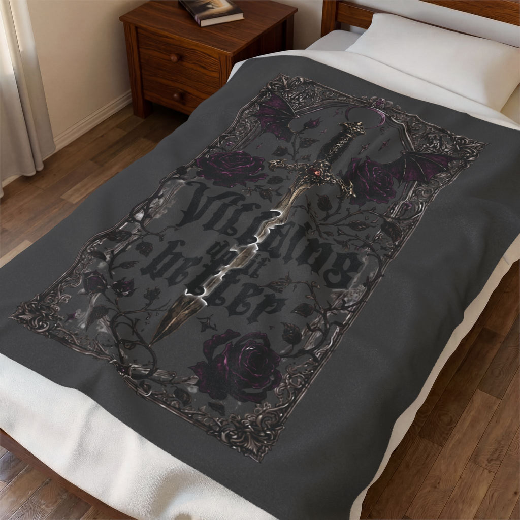 Gothic Velvet Throw Blanket — “Villains Only Shelter” Sword & Rose Design