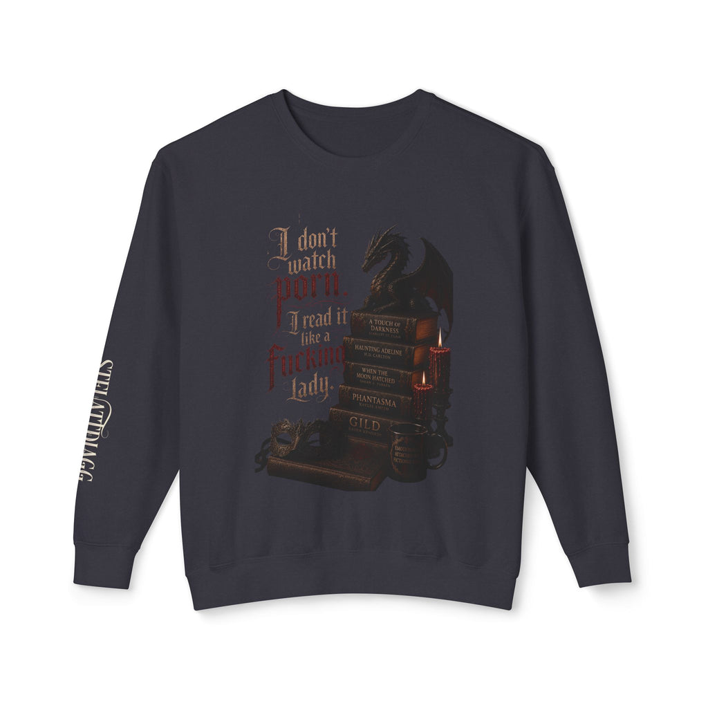 Dragon Bookstack Crewneck Sweatshirt — “I don’t watch porn. I read it, fucking lady.”