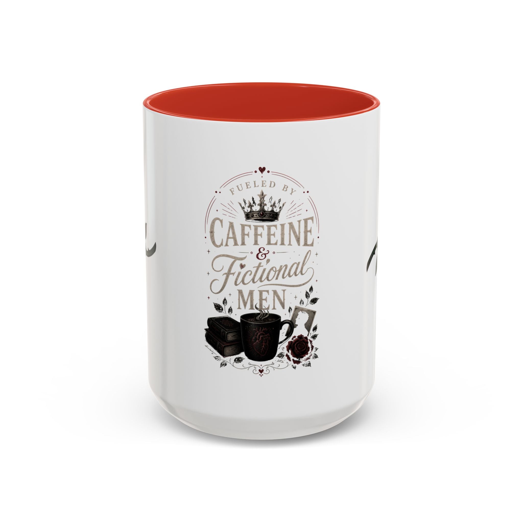 Caffeine & Fictional Men Accent Coffee Mug — 11/15oz Rose & Crown Literary Gift