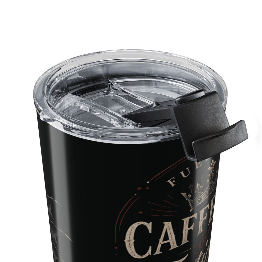 20oz Tumbler — "Fueled by Caffeine & Fictional Men" Travel Mug with Gothic Bat Design