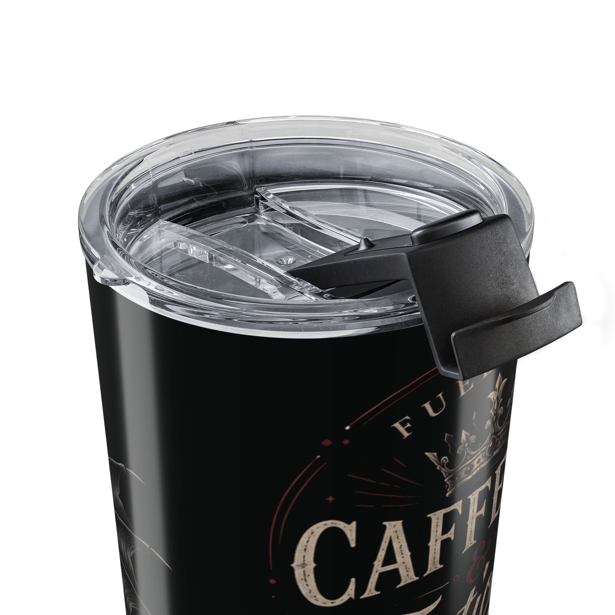 20oz Tumbler — "Fueled by Caffeine & Fictional Men" Travel Mug with Gothic Bat Design